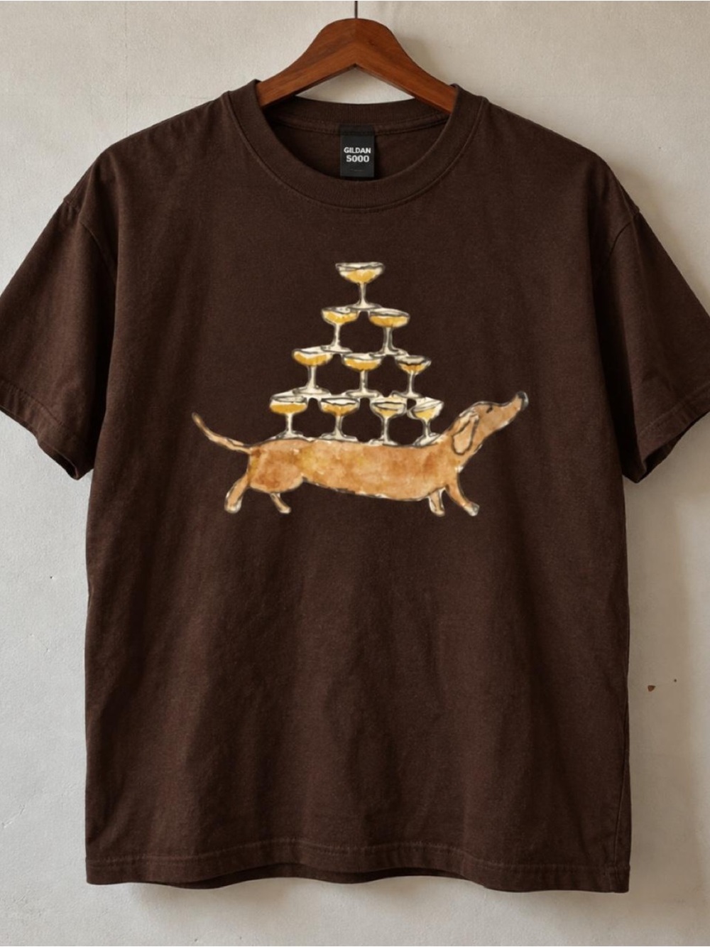 Gildan Brown Tee with Champagne Glass Pyramid & Dachshund Print
